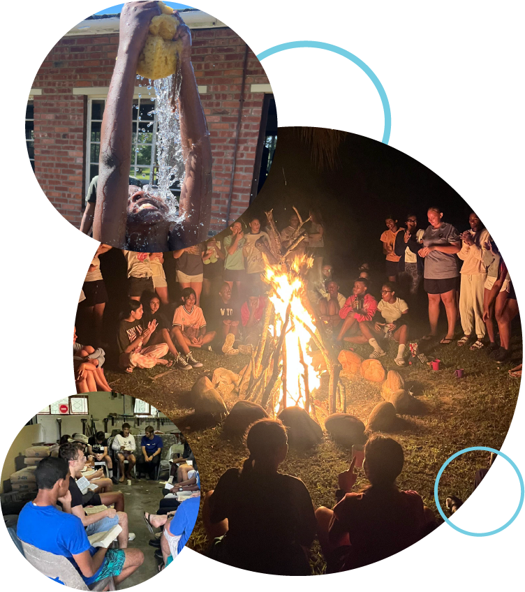 Collage of Camp Anerley activities showing campers around a campfire, taking part in a water challenge, and in a small group discussion.