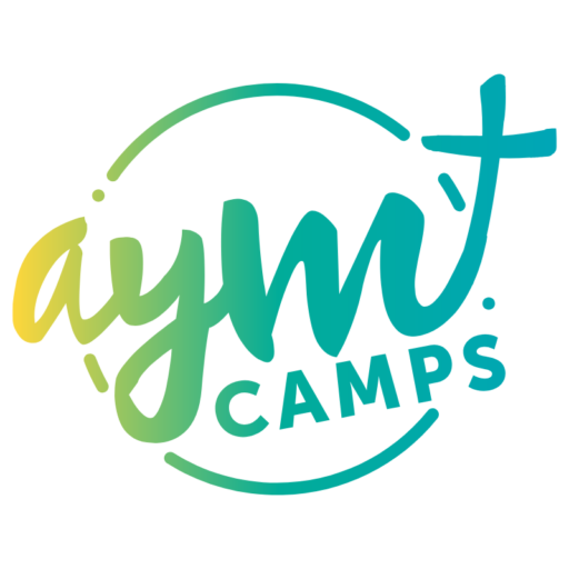 AYM Camps logo in teal and yellow gradient with stylized text and circular design.